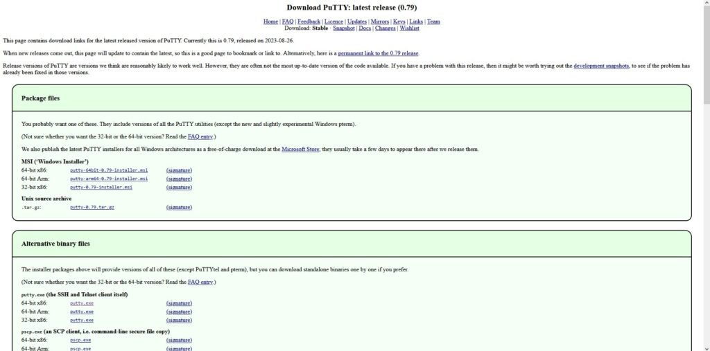 Page de téléchargement de PuTTY un des outils sous Windows