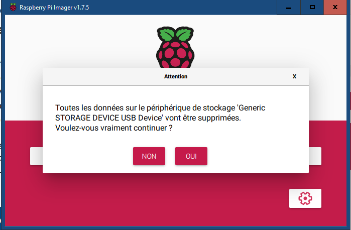 Confirmation de l'installation de Raspberry Pi OS