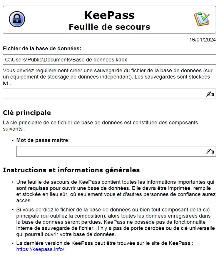 Exemple de feuille de secour