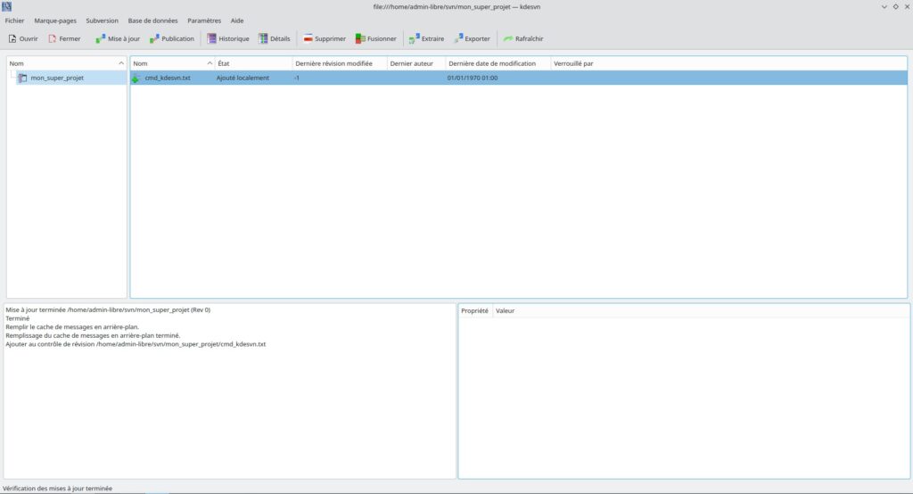 Interface Kdesvn montrant un fichier versionné non publié