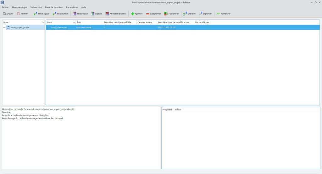 Interface Kdesvn montrant un fichier non versionné