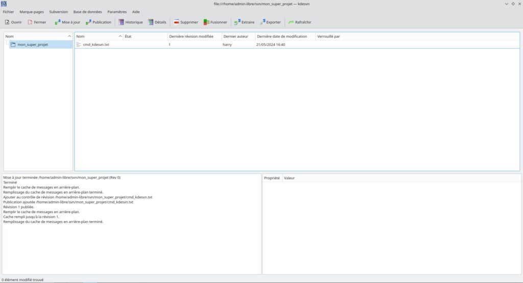 Interface KDEsvn après publication de la mise à jour de ce tutoriel bien démarrer avec subversion