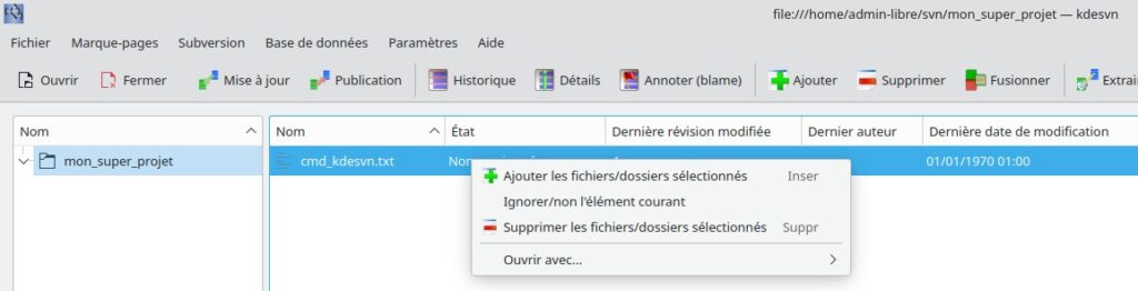 Menu de versionnage de KDEsvn