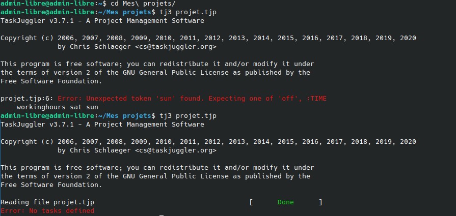 Retour de la commande tj3 sur notre fichier avec une erreur, puis sans erreur