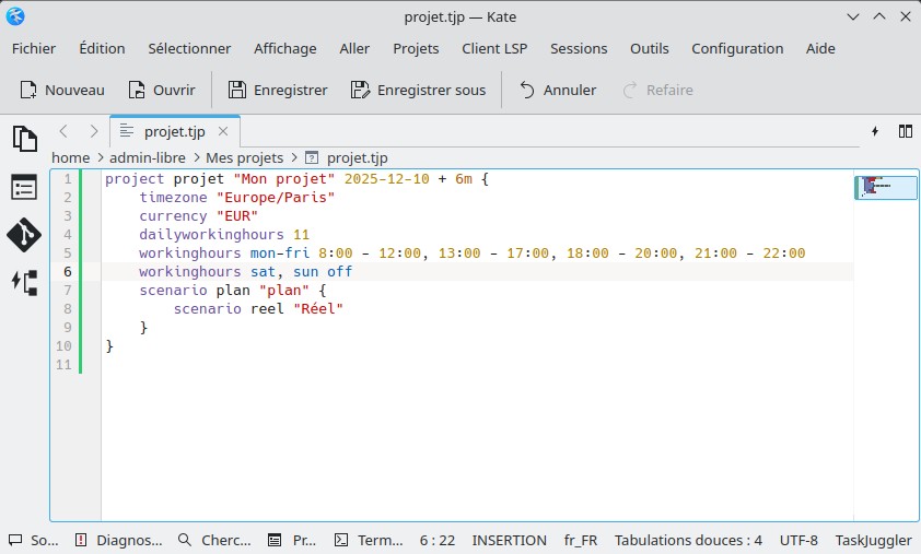 Le fichier projet dans Kate