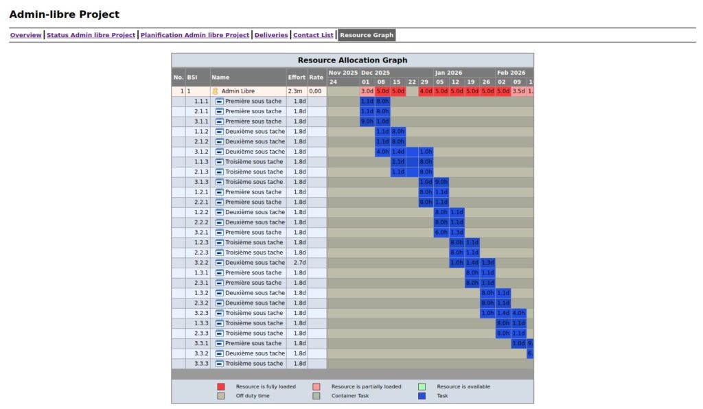 Exemple d'un rapport d'allocation des ressources par tâches